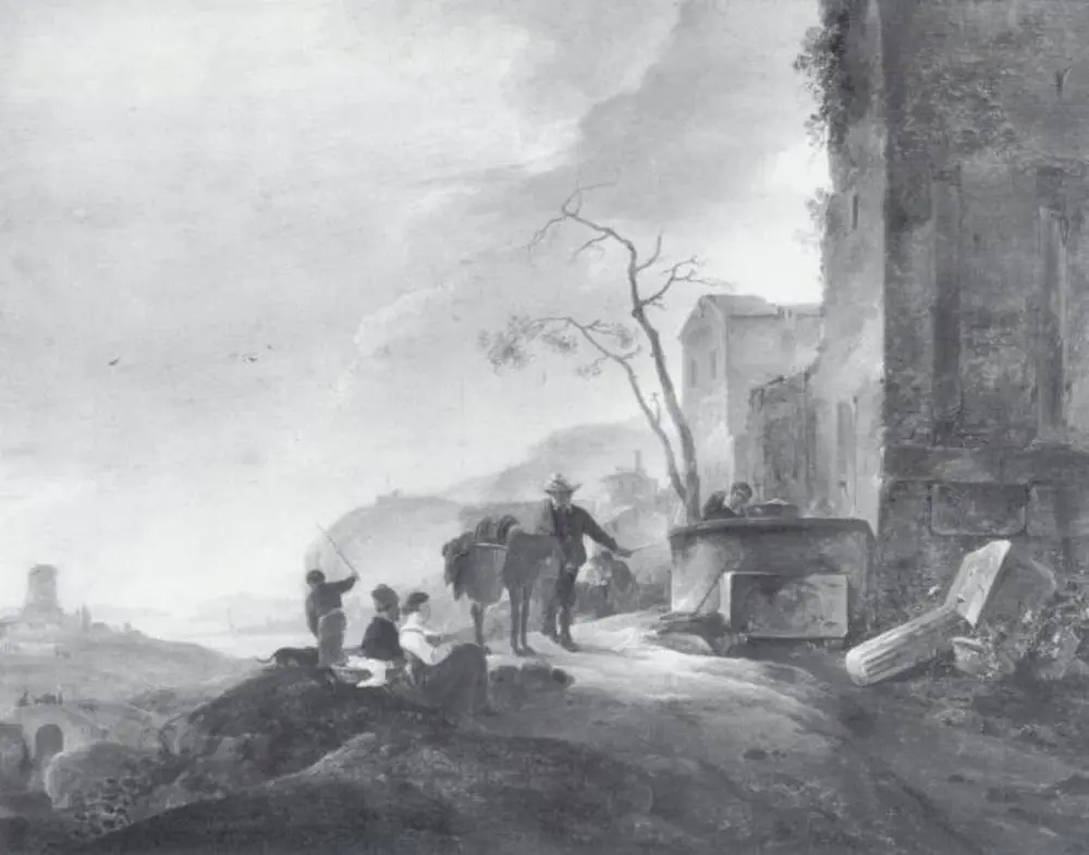 Italian Landscape with Figures at a Fountain among Antique Ruins