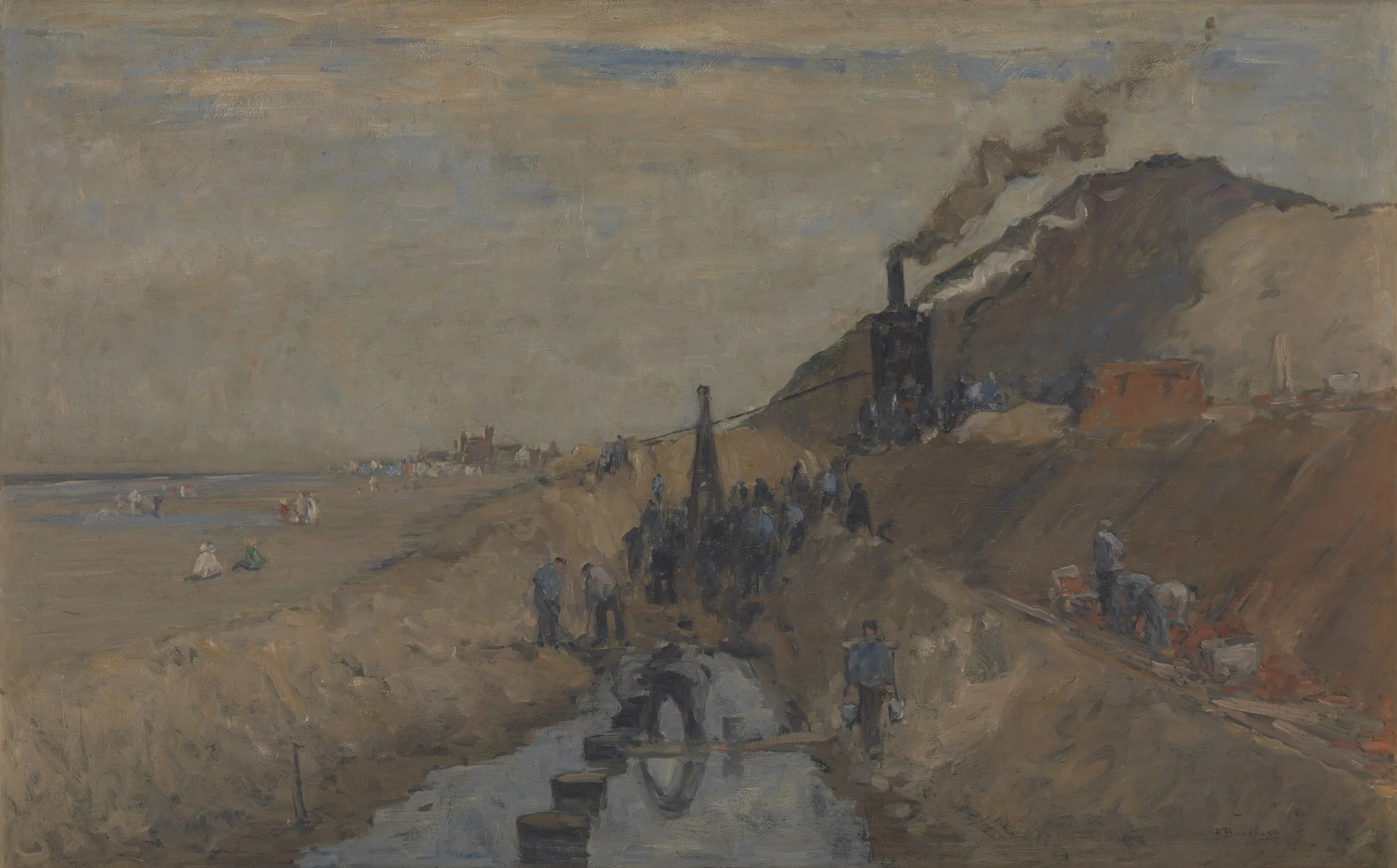 Dike Building on the Beach at Knokke, by Richard Baseleer, oil, 1909