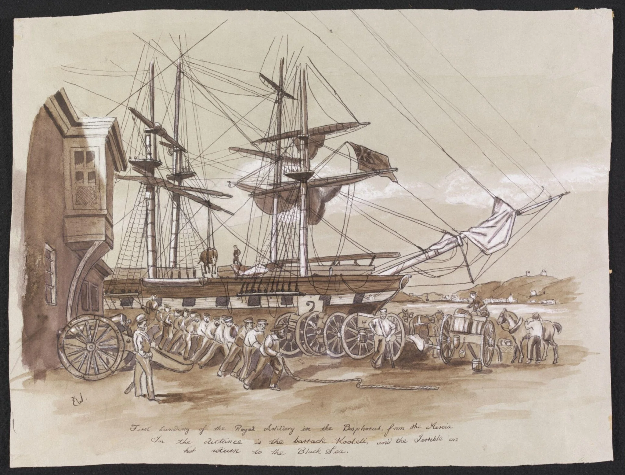 First Landing of the Royal Artillery in the Bosphorus. from the Mercia   In the distance is the barrack Kooleli, and the Terrible on her return to the Black Sea, by Edwin Weedon, watercolor, 1854
