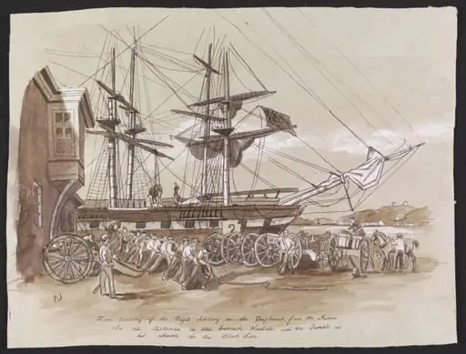 First Landing of the Royal Artillery in the Bosphorus. from the Mercia   In the distance is the barrack Kooleli, and the Terrible on her return to the Black Sea