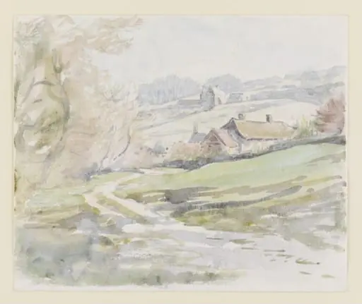 Landscape near Sidmouth, with cottages surrounded by fields and woods