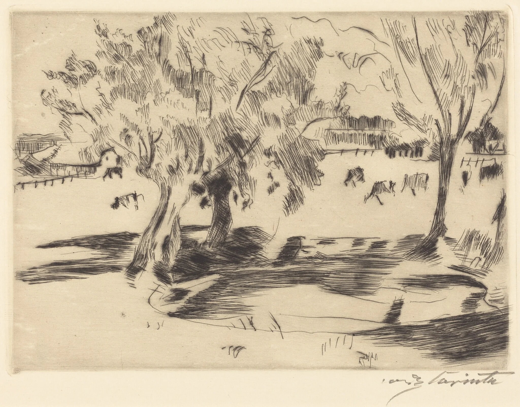 Landschaft mit Kühen (Landscape with Cows), by Lovis Corinth, ink, 1917