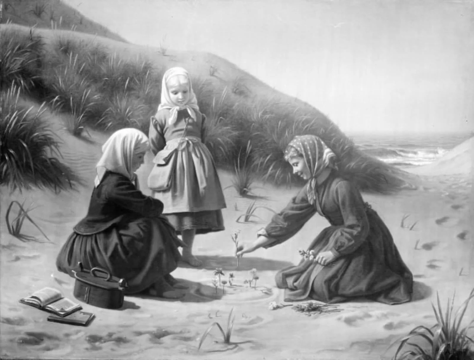 Småpiger som leger i klitterne på vej hjem fra skole, by Unknown, 1863
