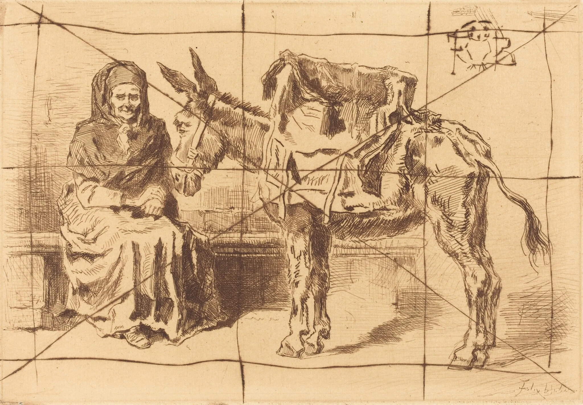 Cacoletière Assise (Seated Woman and Ass), by Félix-Hilaire Buhot, ink, 1875