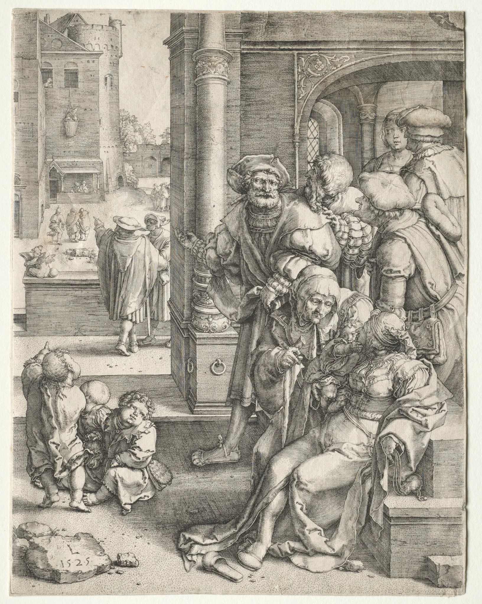 The Poet Virgil Suspended in a Basket, by Lucas van Leyden, 1525