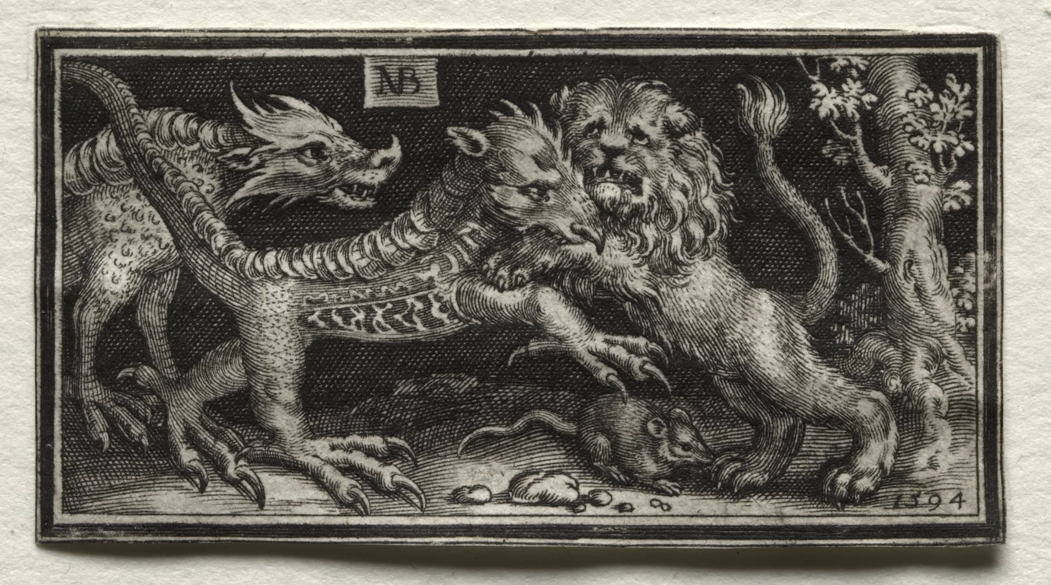 Lion Fighting two Beasts, by Nicolaes de Bruyn, 1594