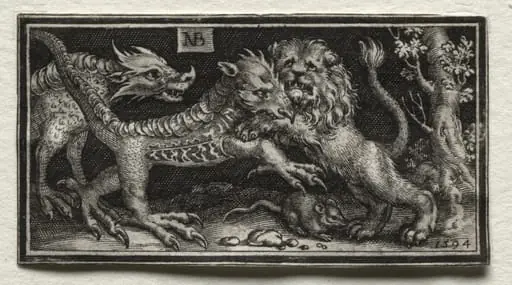 Lion Fighting two Beasts