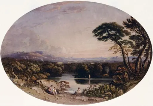 Landscape composition with an angler and two female figures in foreground