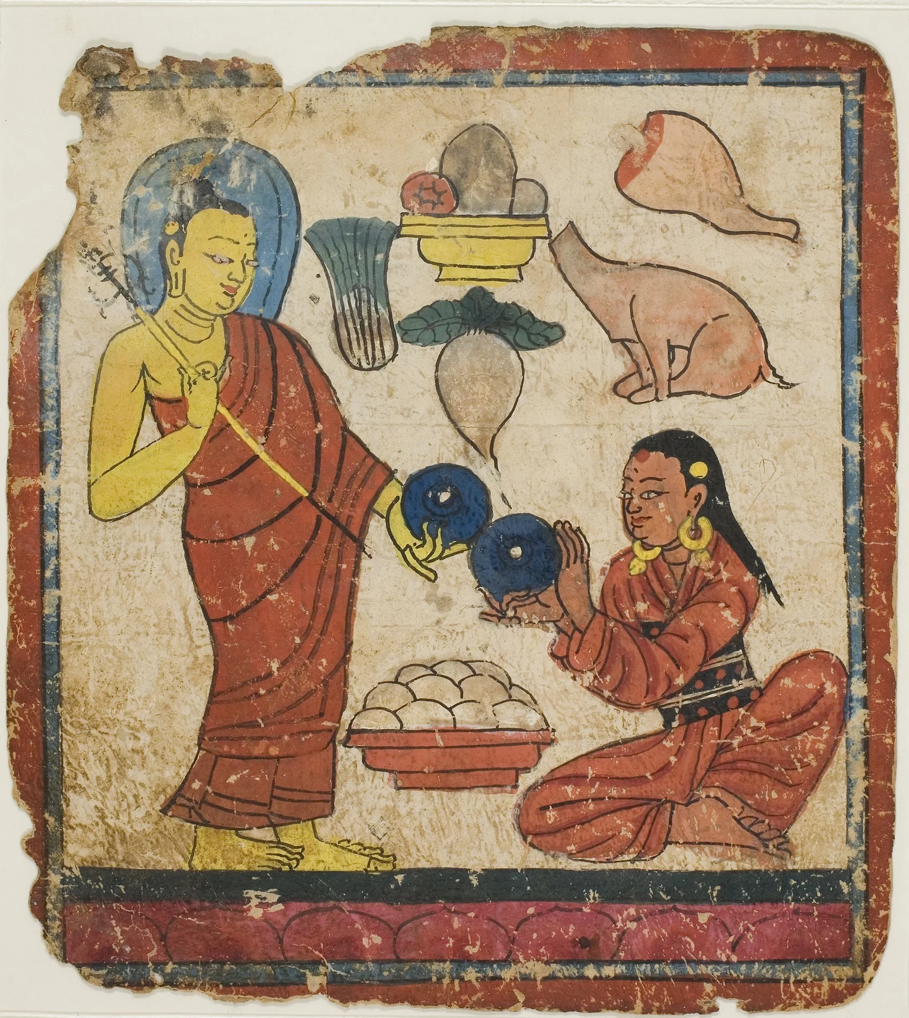 Lady Offering Food to a Monk, From a Set of Initiation Cards (Tsakali), by Unknown, unspecified, 1400