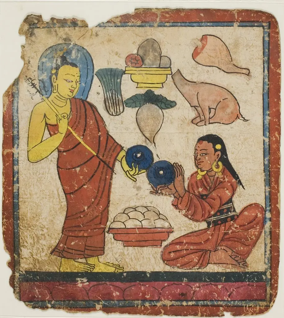 Lady Offering Food to a Monk, From a Set of Initiation Cards (Tsakali)