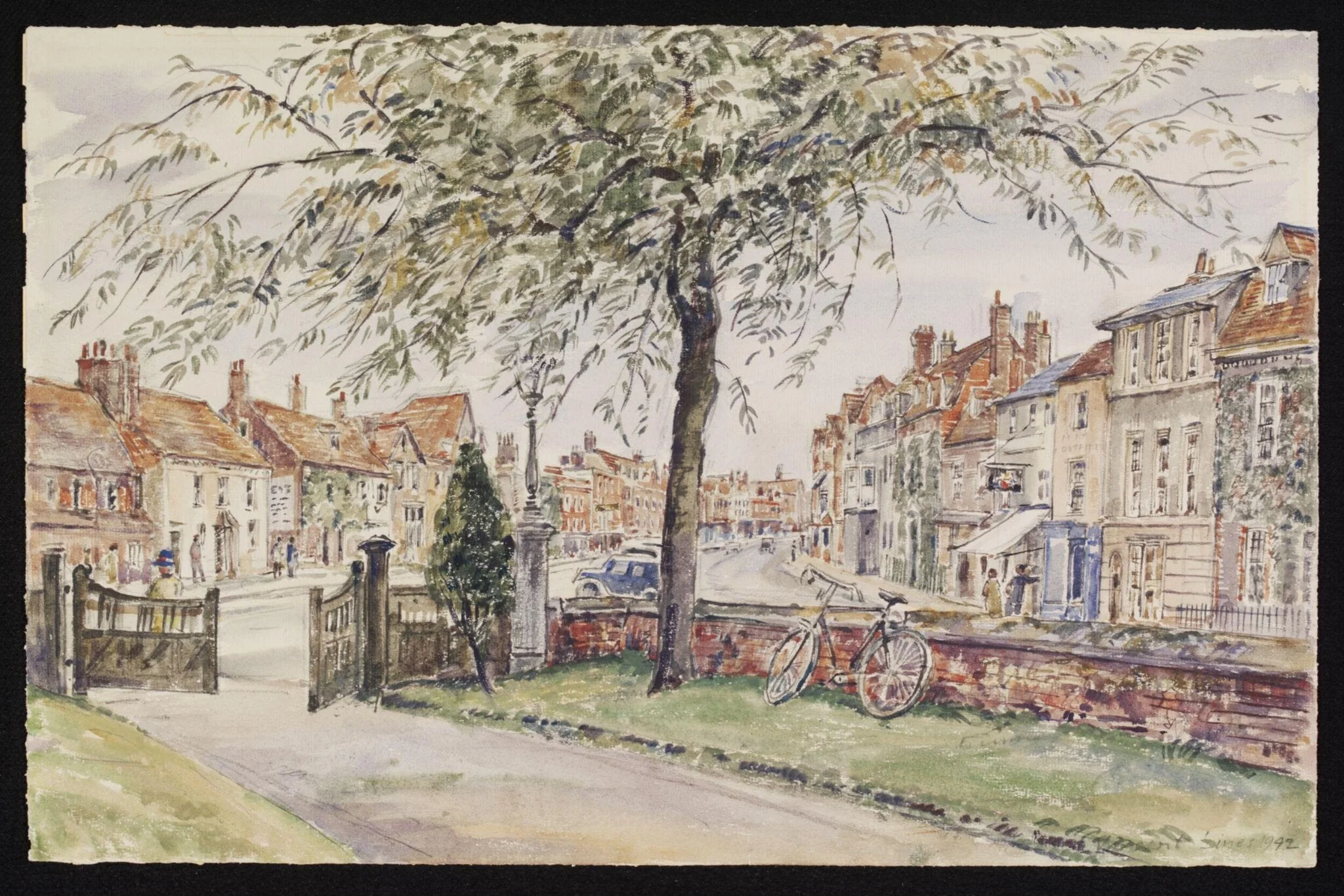 The High Street, Marlborough, from St.Peter's Churchyard, by Lines, watercolor, 1942