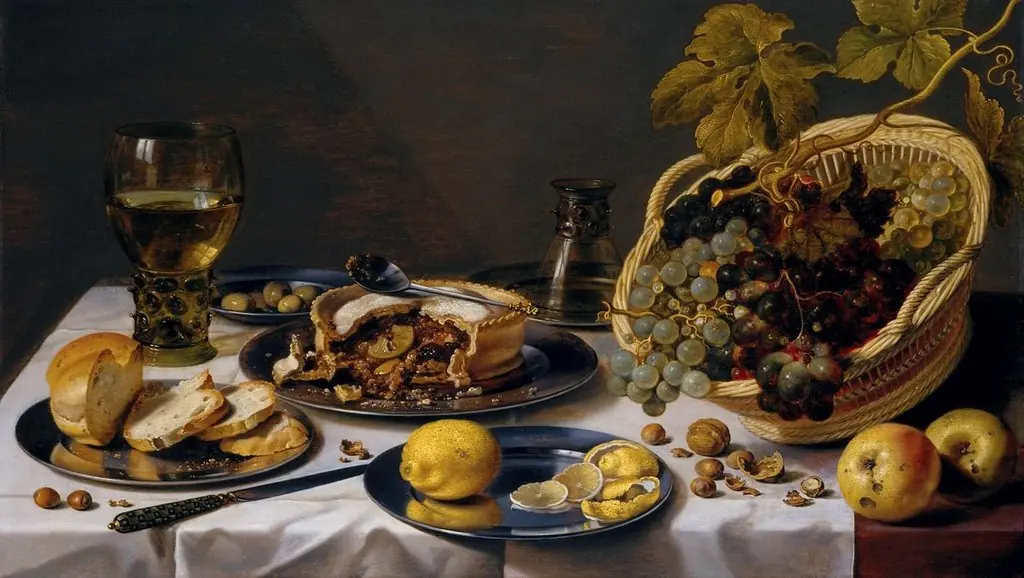 Tabletop Still Life with Mince Pie and Basket of Grapes
