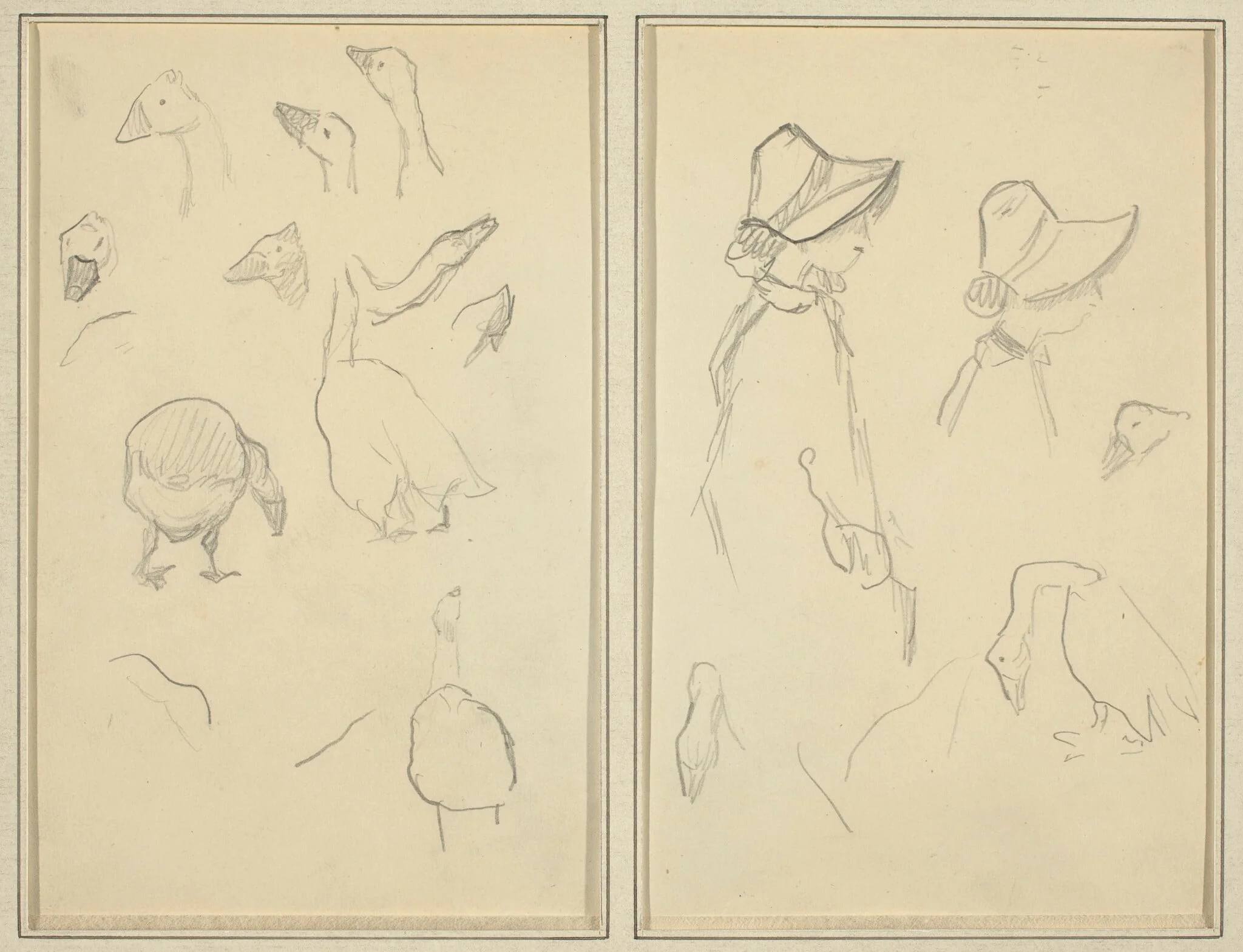Geese; Girls in Bonnets, Geese [recto], by Paul Gauguin, graphite, 1886