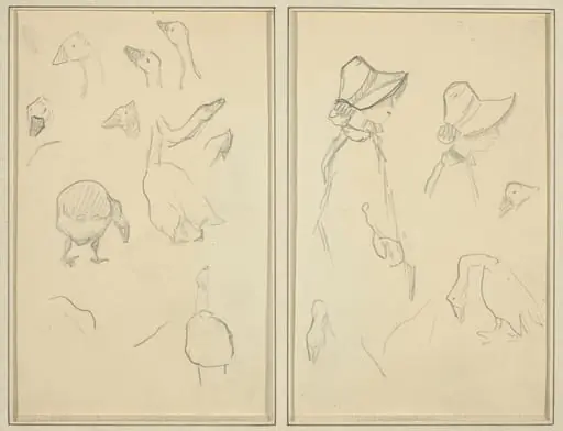 Geese; Girls in Bonnets, Geese [recto]