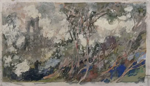 Wood-burner in a forest before a palace