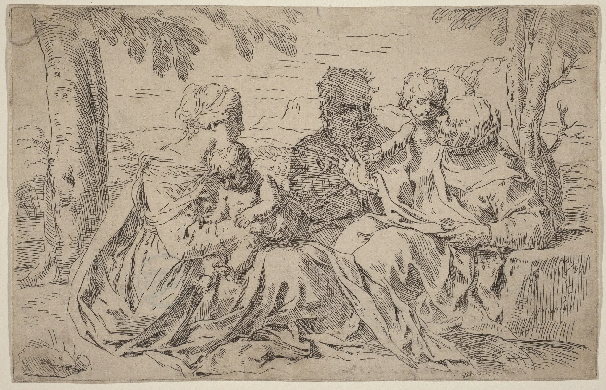The Holy Family, by Simone Cantarini, ink, 1639
