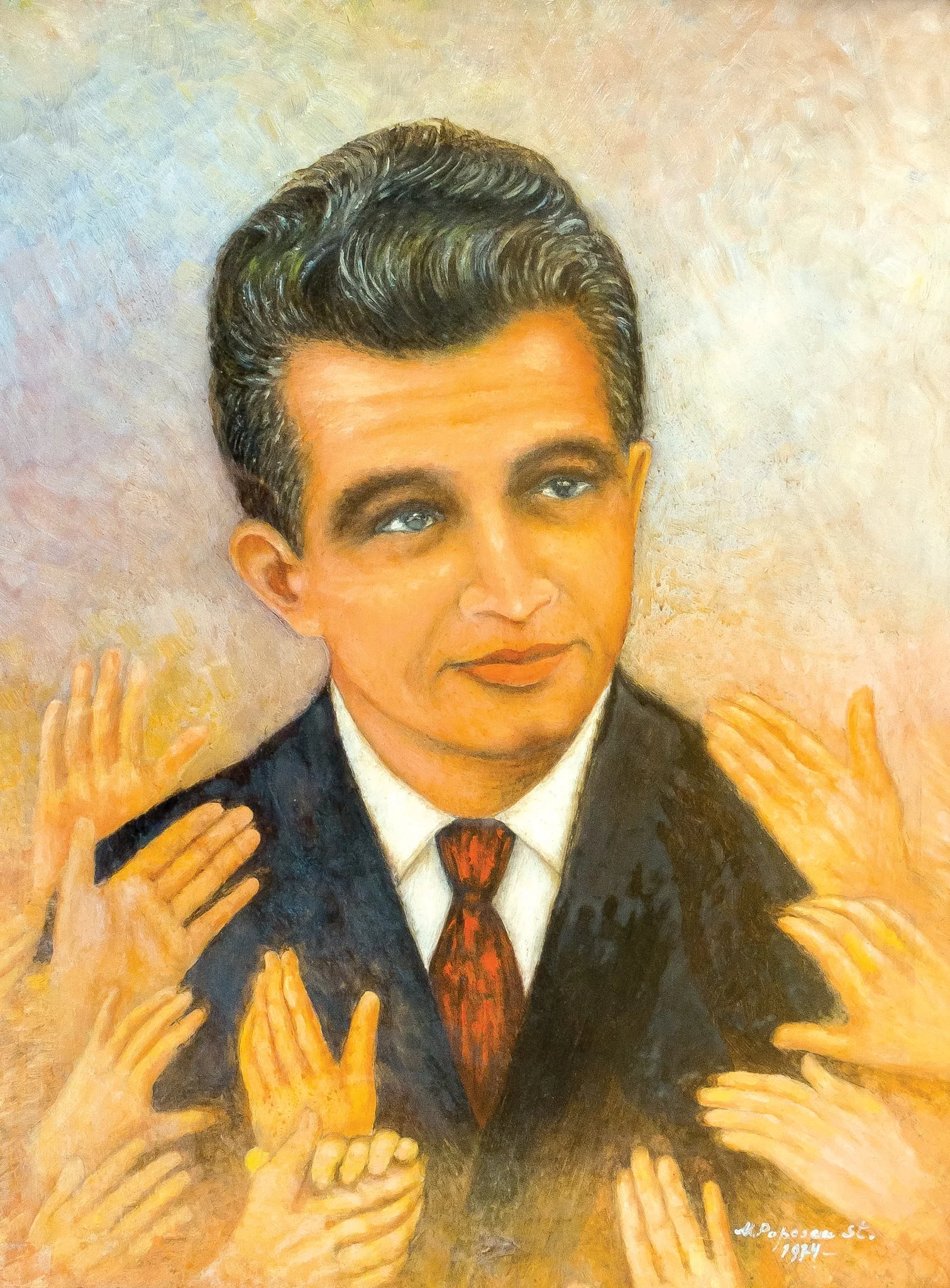 Tablou, pictură pe carton, ”Nicolae Ceaușescu”, semnat M. Popescu-Stănești și datat 1974 în partea dreaptă jos . Nicolae Ceaușescu este reprezentat înconjurat de mâini care aplaudă, îl ating și care par că vor să-l prindă. Oferit cadou lui Nicolae Ceaușescu de către autor, București, 1974.