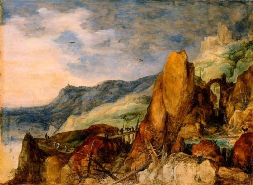 Mountain landscape with fir trunks in a stream, by Joos de Momper the Younger, oil, 1600