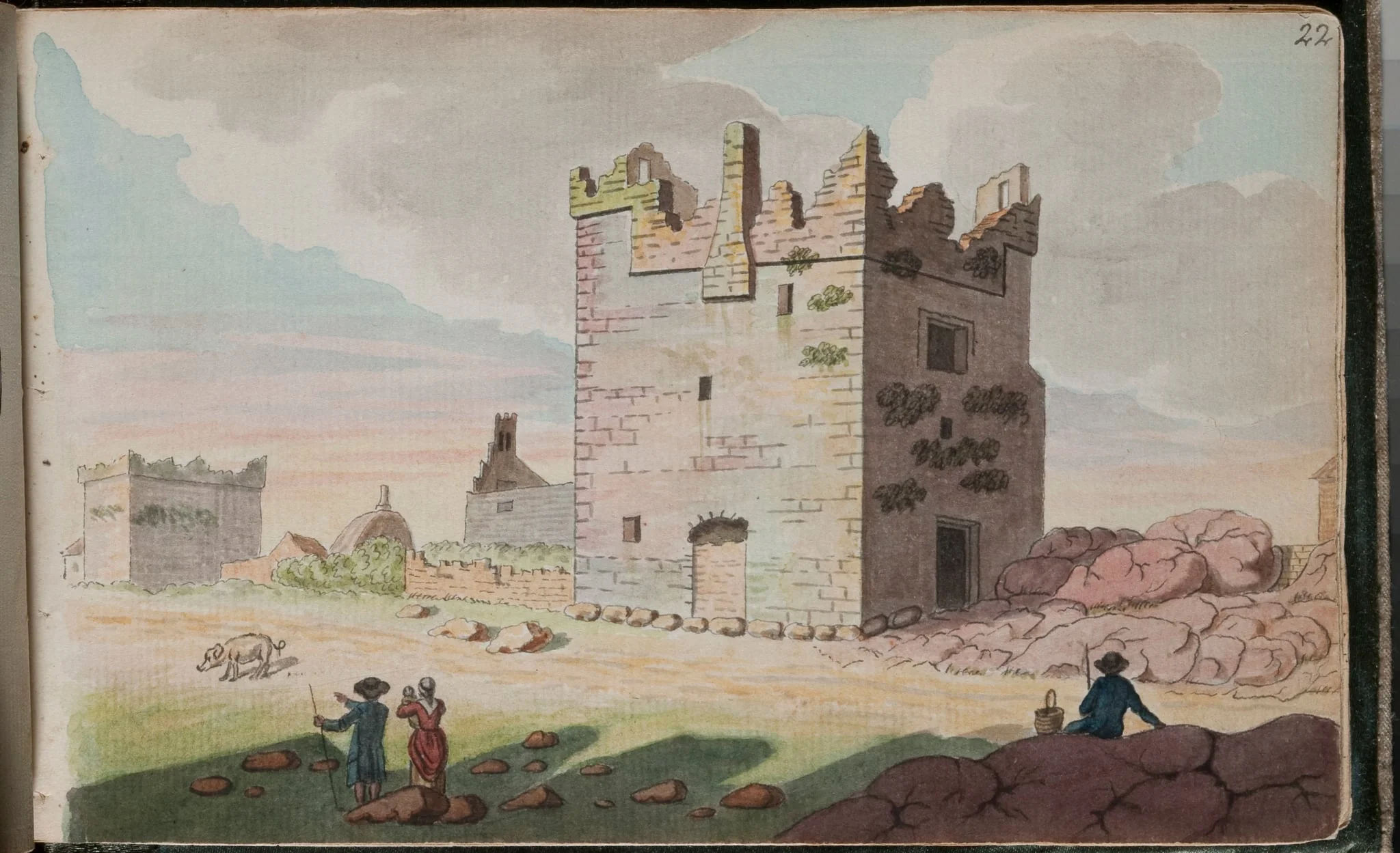 View of two more of Dalkey's castles, the old church and church yard [...]