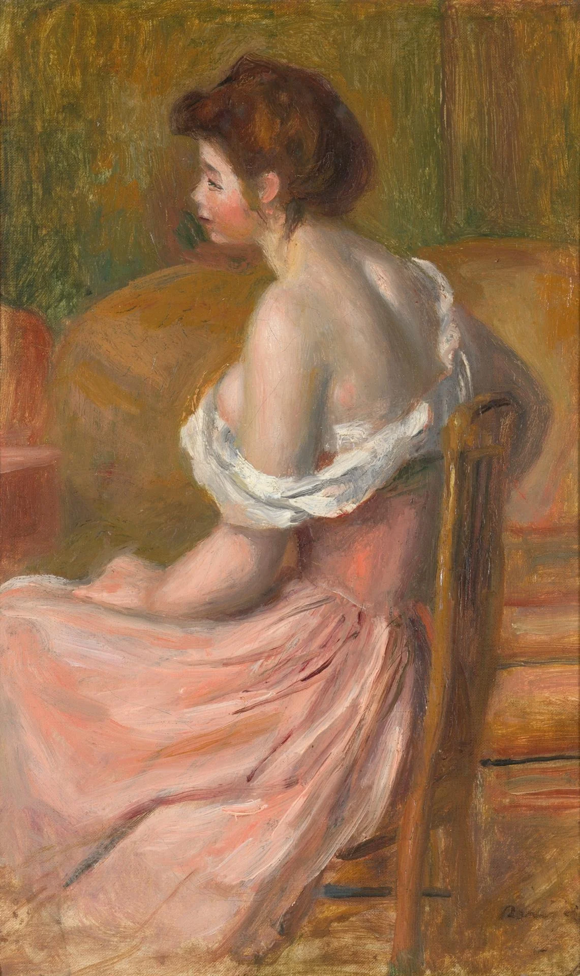 Young woman seated, with neck and shoulders uncovered, by Auguste Renoir, oil, 1896