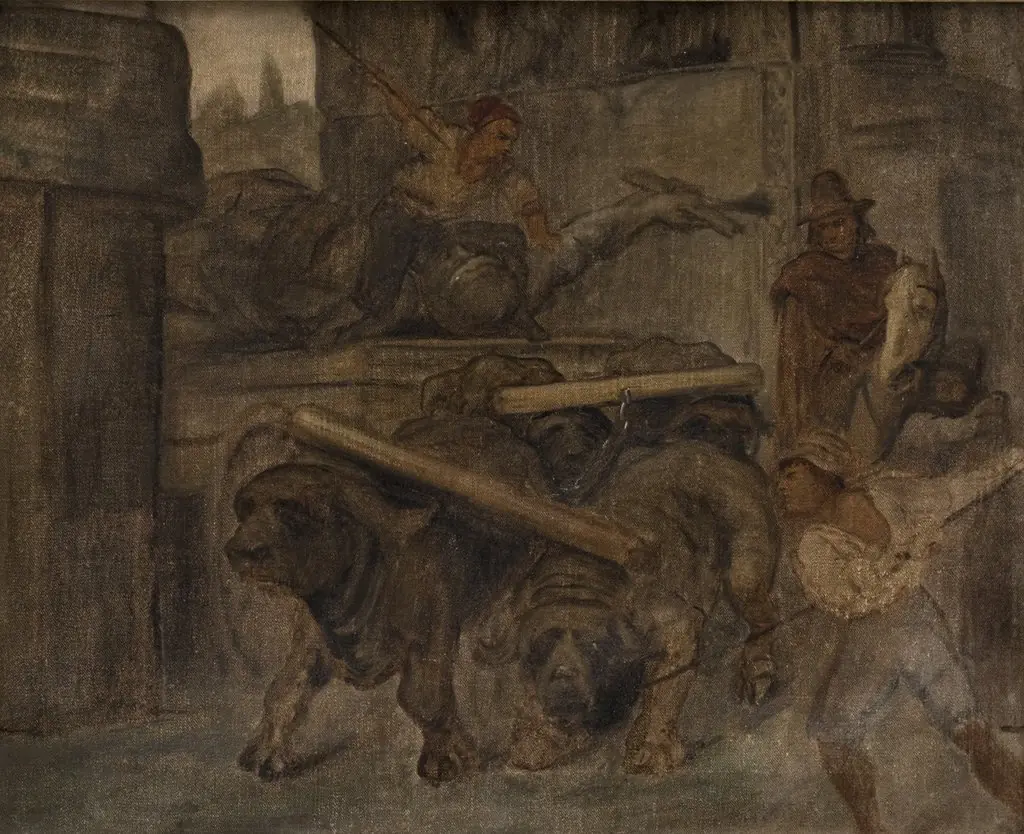 Roman Workmen Transporting an Antique Imperial Statue from the Colosseum through the Arch of Titus to the Capitoline Museums. Study