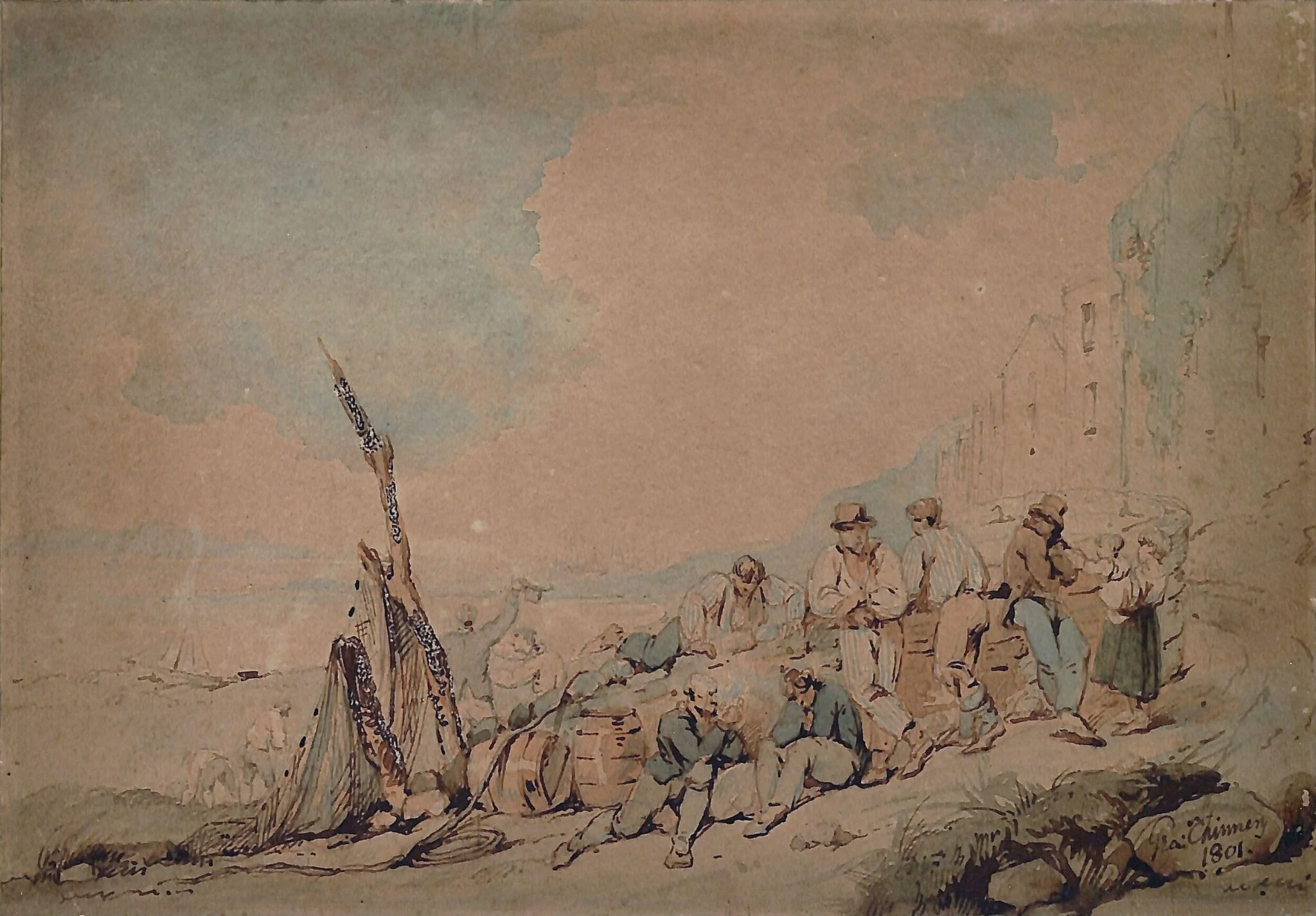 Coast scene, with group of figures near a wall, by George Chinnery, watercolor, 1801