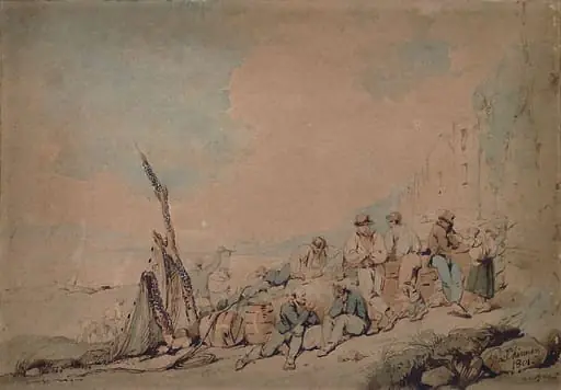 Coast scene, with group of figures near a wall