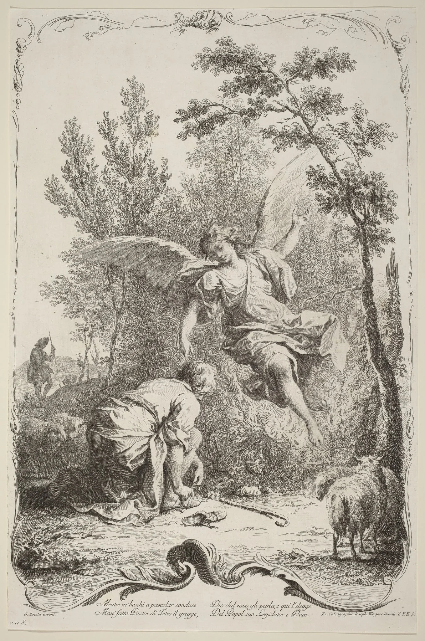 Moses and the Burning Bush, by Joseph Wagner, ink, 1745