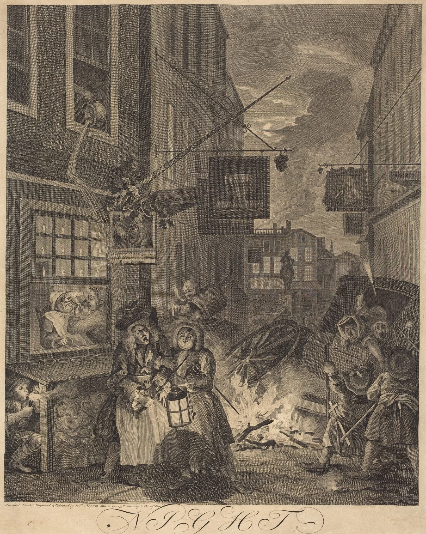Night, by William Hogarth, ink, 1738