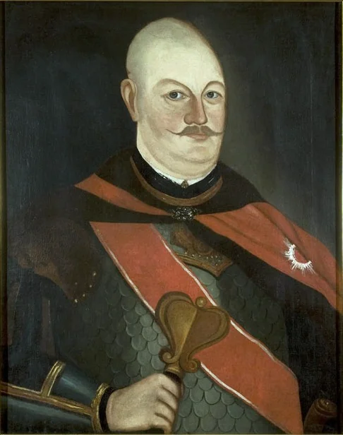 Portrait of Michał Górski, Nałęcz coat of arms,ensign of Samogitia