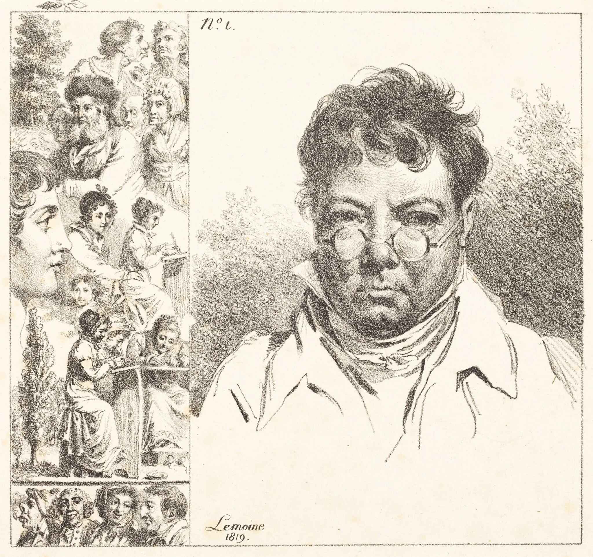 Self-Portrait and Other Heads, by Jacques Antoine Marie Lemoine, ink, 1819
