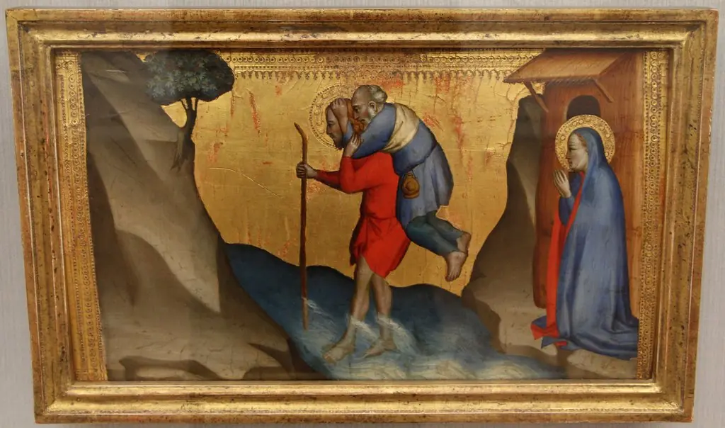 Saint Julian carries a traveller over the stream