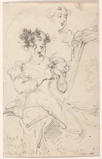 A Western woman seated by a mirror