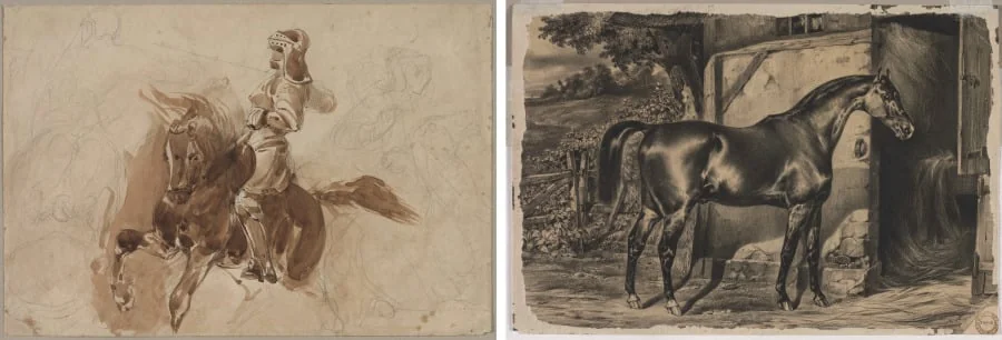 Armored Figure on Horseback (recto); Horse in Front of a Barn (verso), by Eugène Delacroix, 1828
