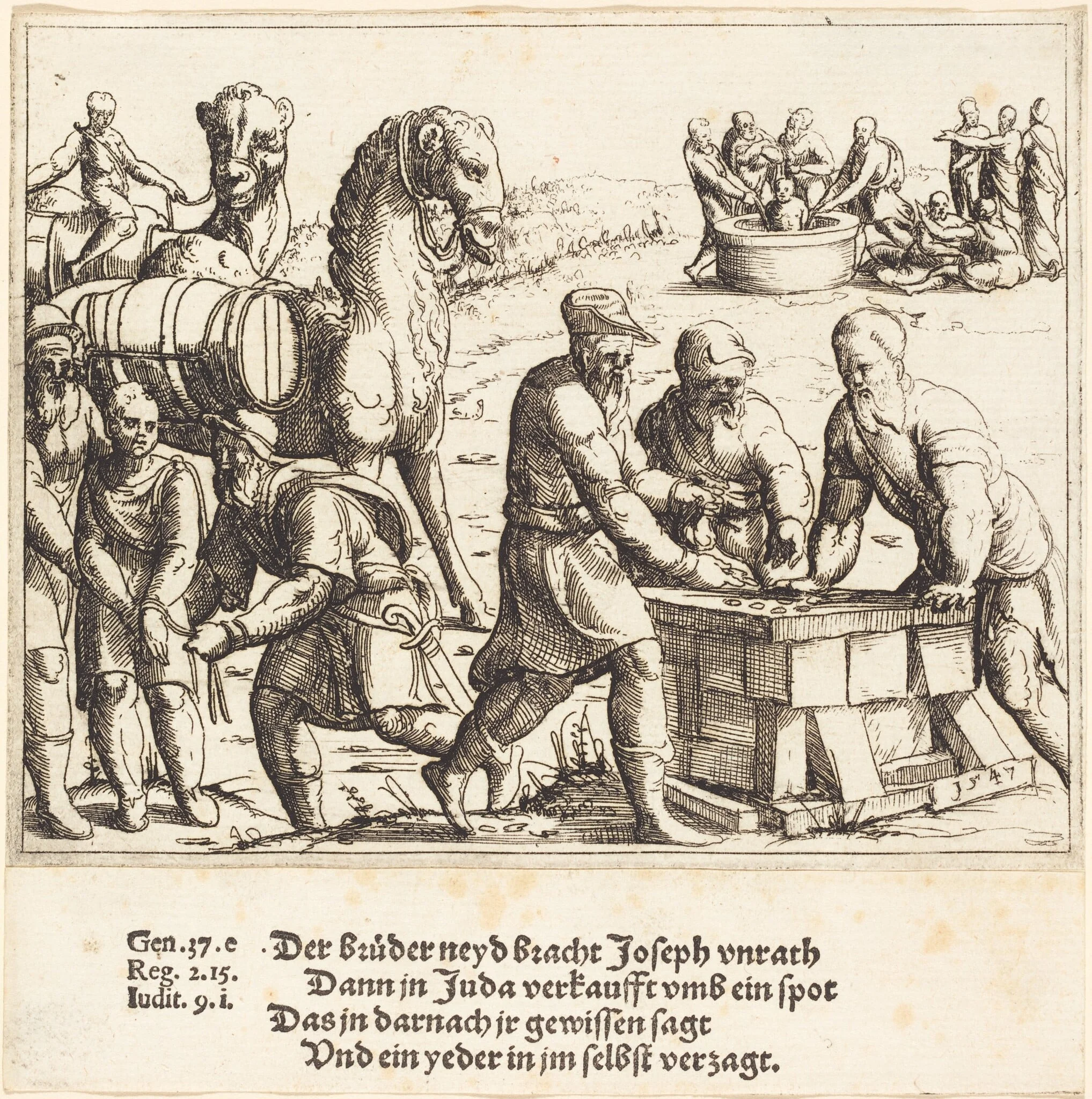 Joseph Sold to the Ishmaelites, by Augustin Hirschvogel, ink, 1547