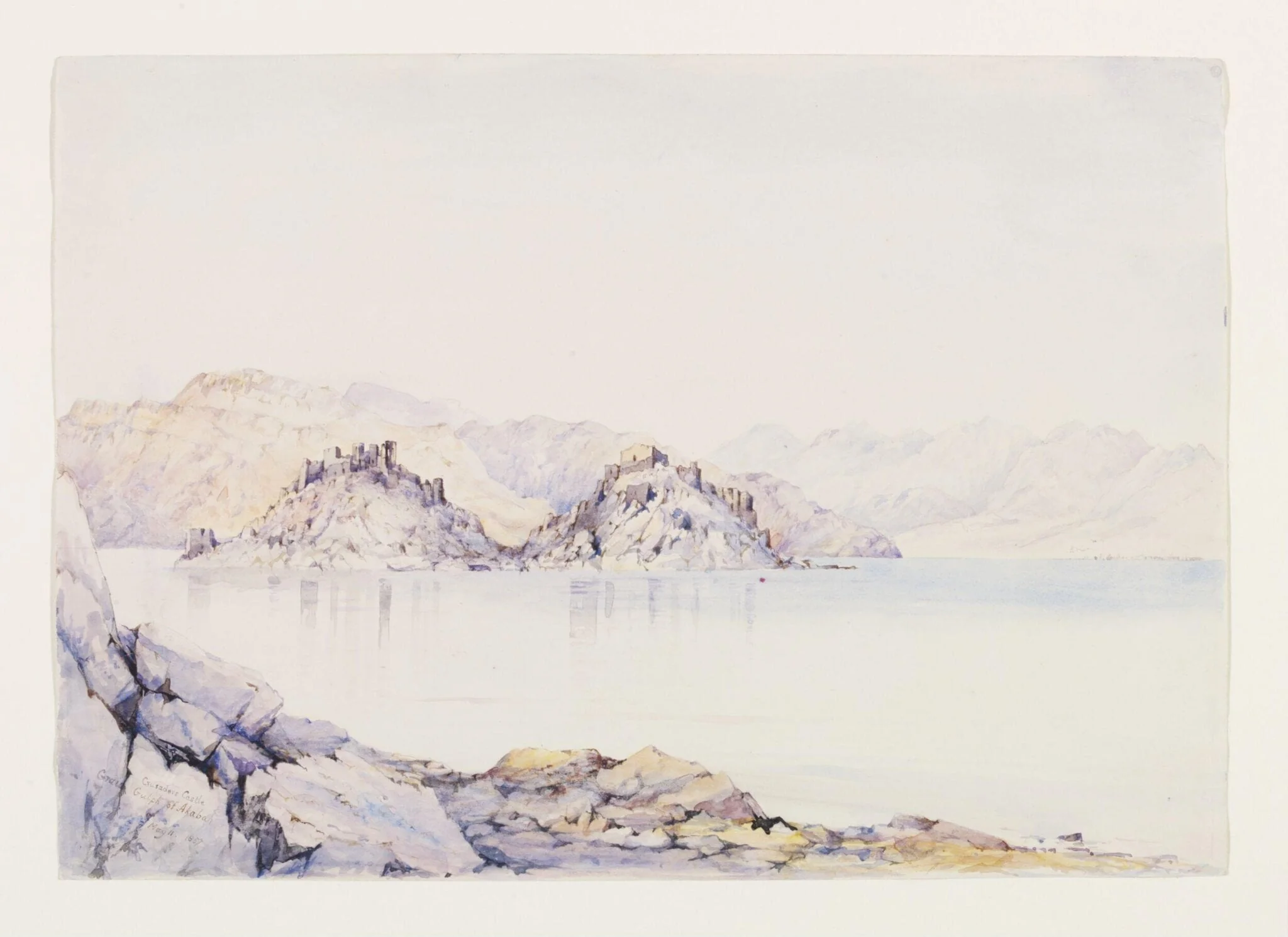Crusaders Castle Graia Gulph of Akabah, by Maria Harriett Mathias, watercolor, 1857