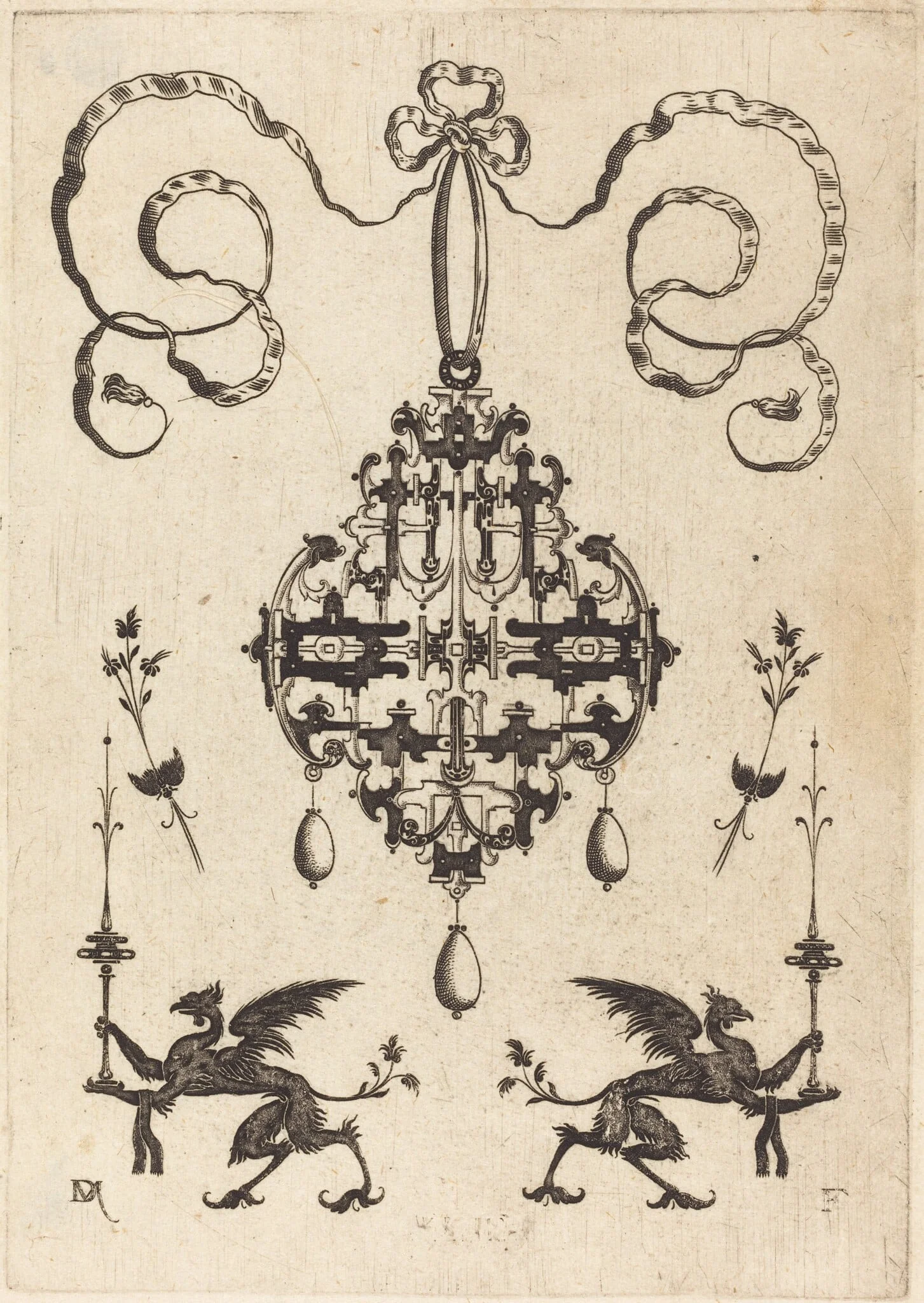 Large Pendant, Lower Left and Right Two Griffins Carrying Fantasy Candlesticks