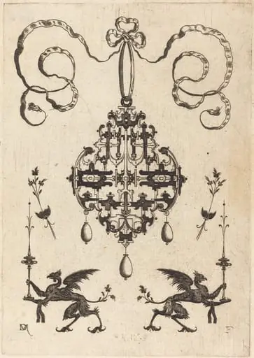 Large Pendant, Lower Left and Right Two Griffins Carrying Fantasy Candlesticks