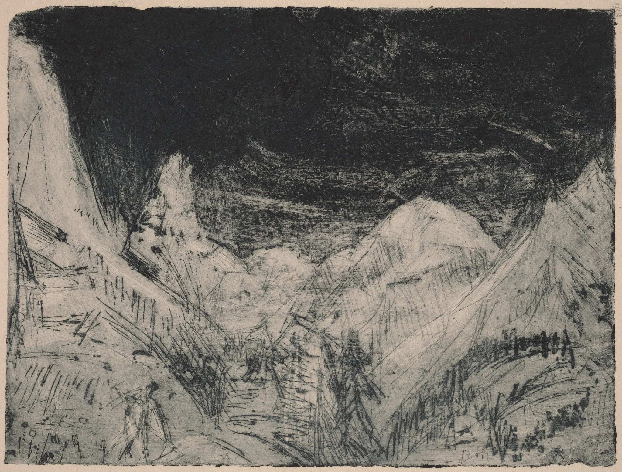 Mountain Landscape with Little Mowers, by Ernst Ludwig Kirchner, ink, 1919