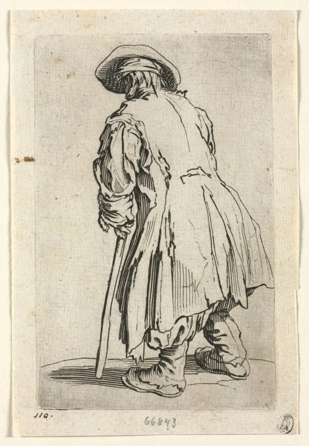 The Beggars: Old Beggar on One Single Crutch, by Jacques Callot, 1623