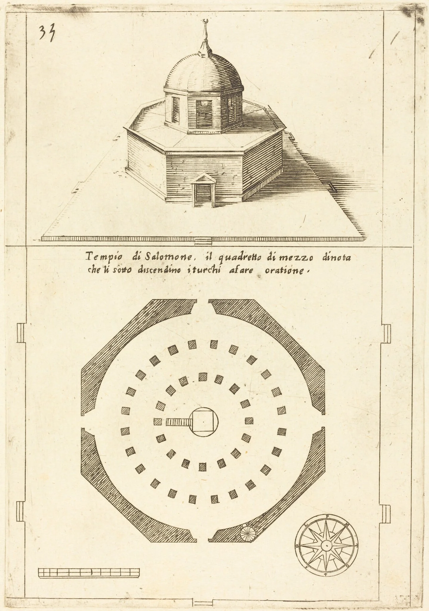 Plan and Rendering of the Temple of Solomon, by Jacques Callot, ink, 1619
