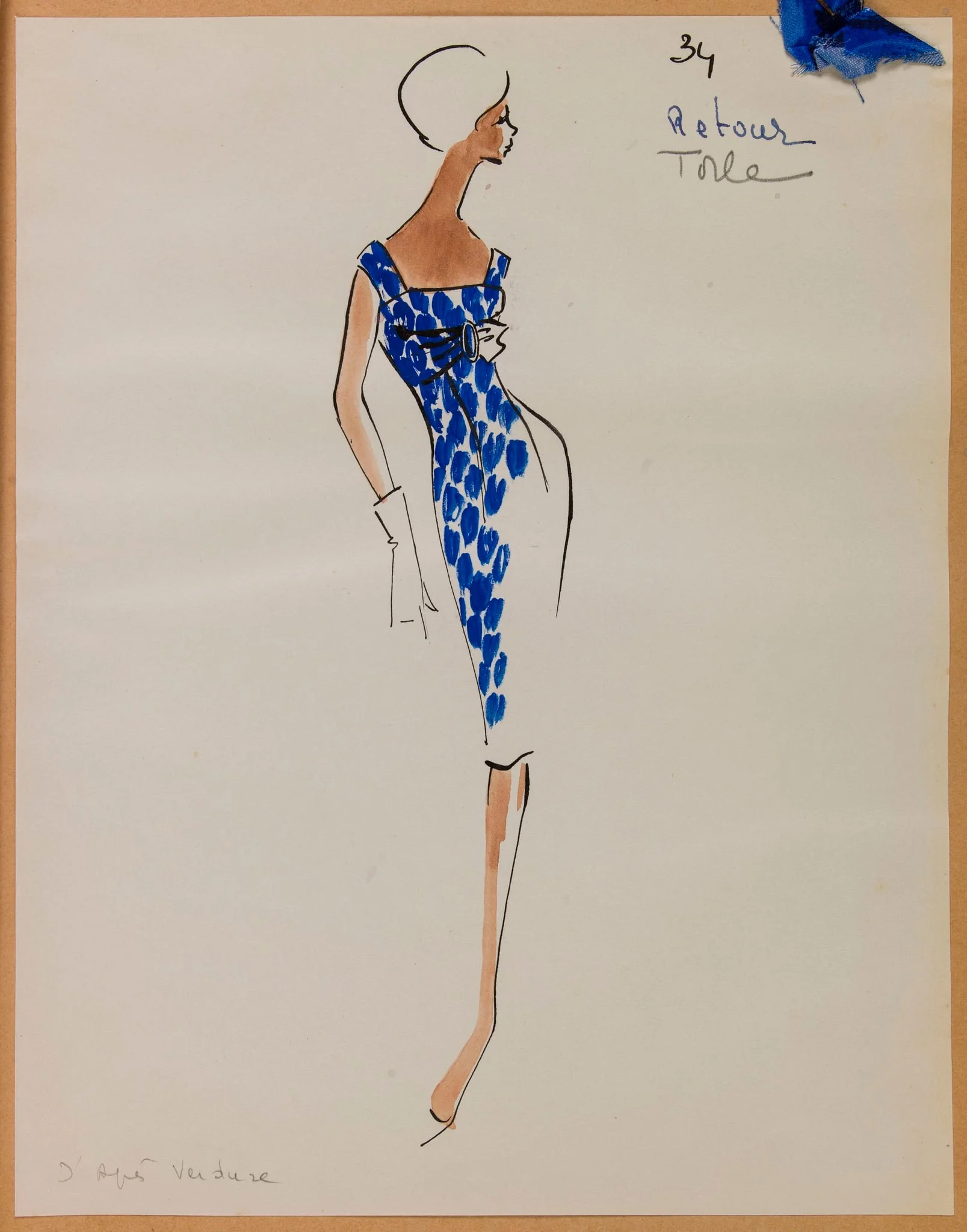 Robe ajustée à bretelles à motif bleu et ceinture sous la poitrine, by Carven, 1957