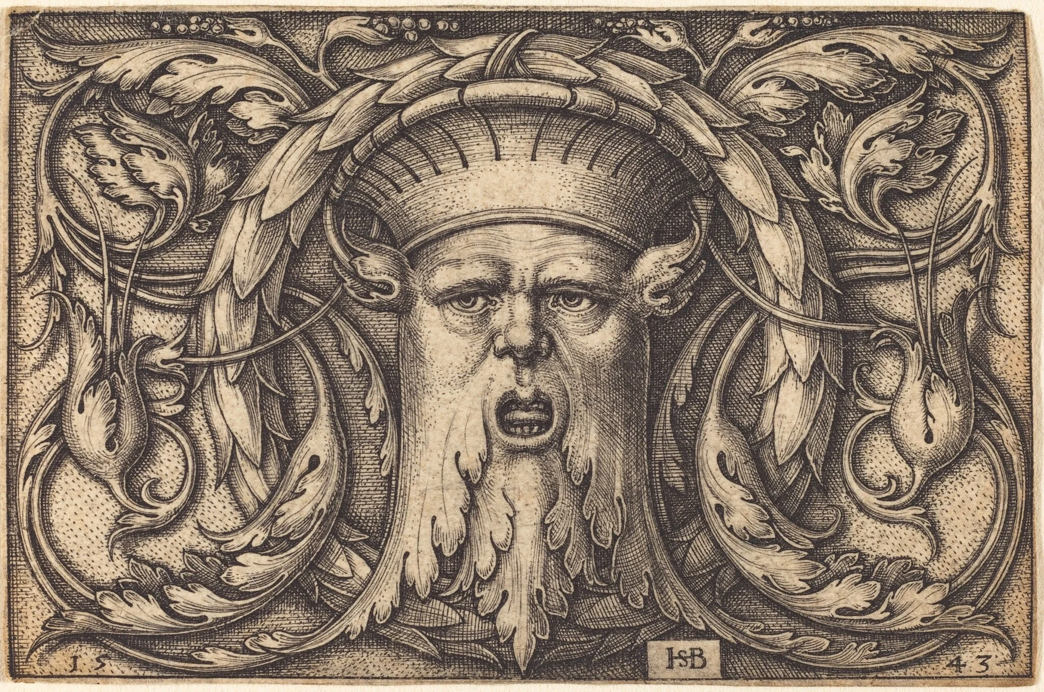 Ornament Panel with a Large Bearded Mask, by Sebald Beham, ink, 1543