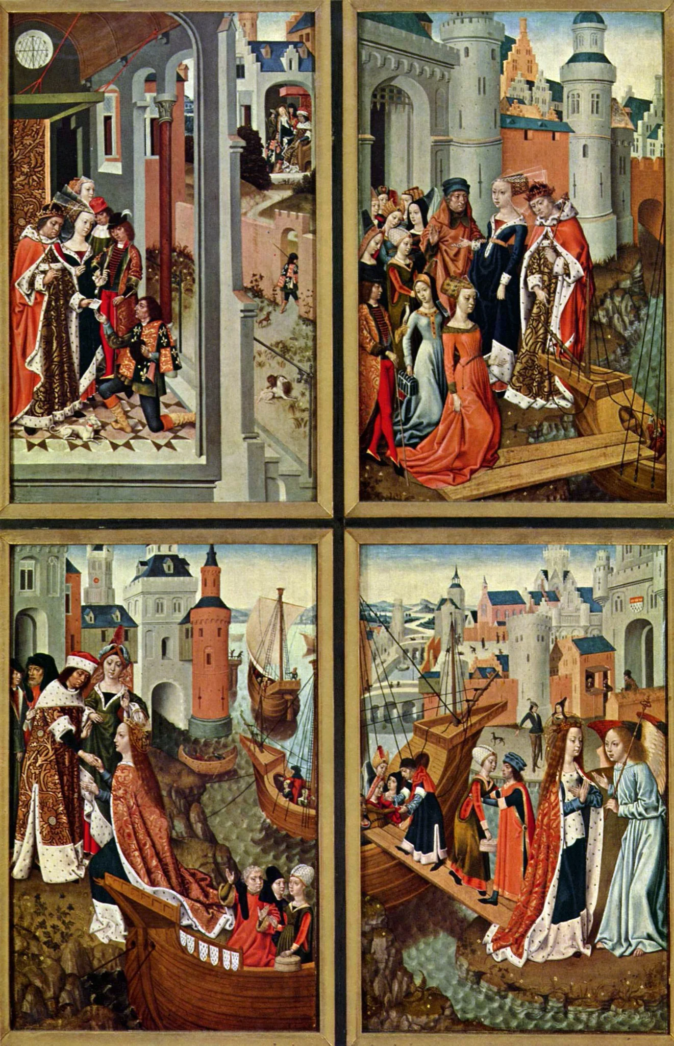 Interior of left wing, St. Ursula altarpiece, by Master of the Bruges Legend of St. Ursula, oil, 1492