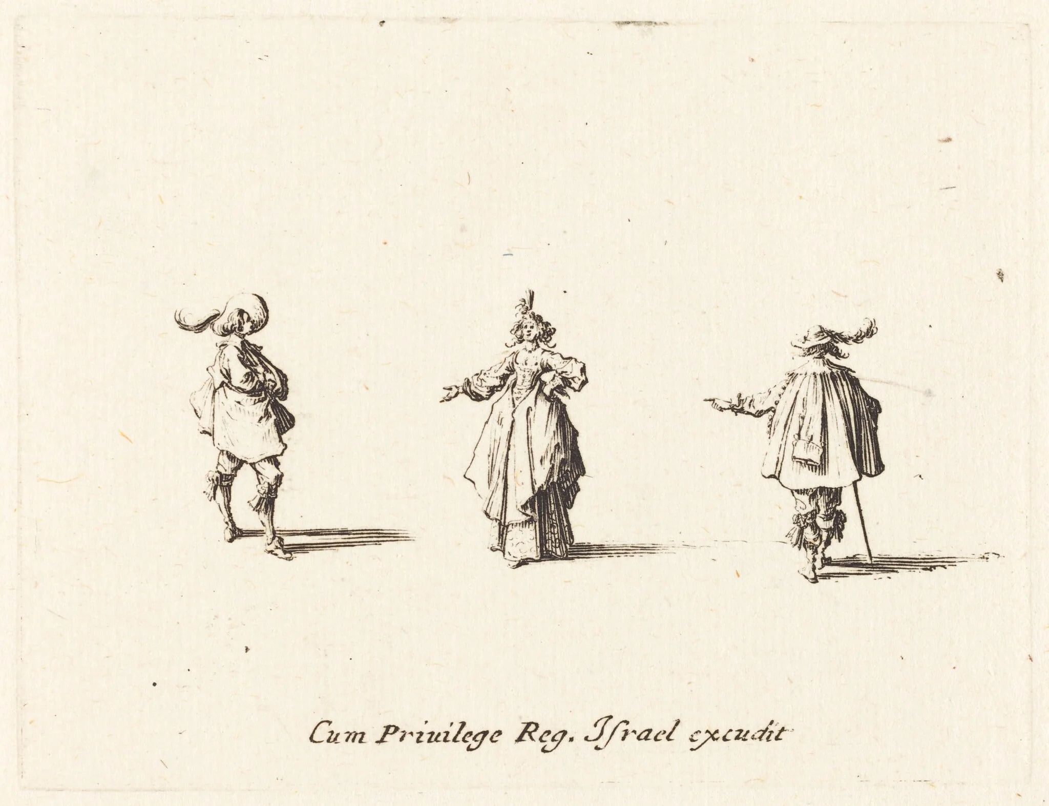 Lady with Outstretched Arm, and Two Gentlemen, by Jacques Callot, ink, 1634