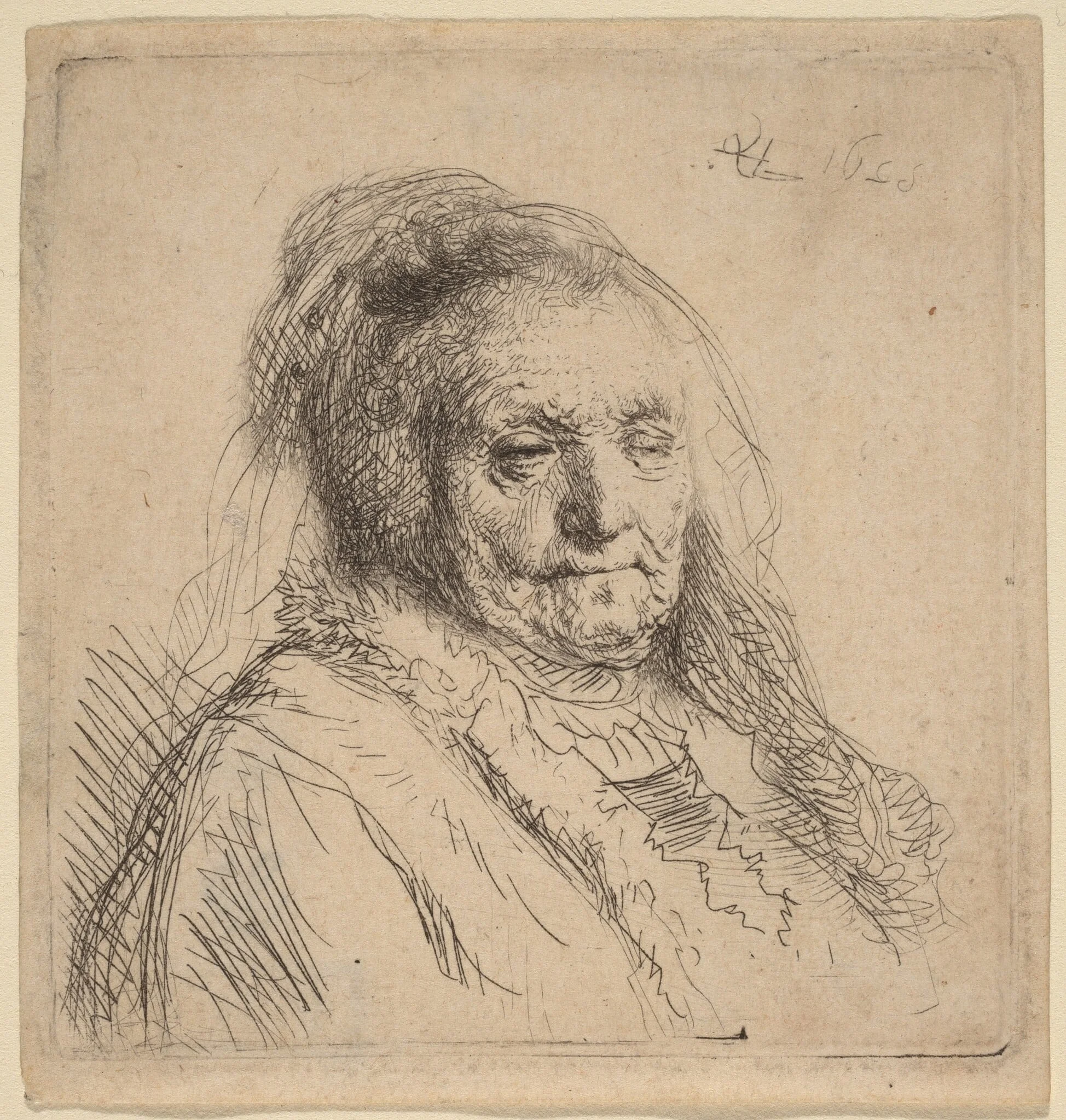 The Artist's Mother, Head and Bust, by Rembrandt, ink, 1628