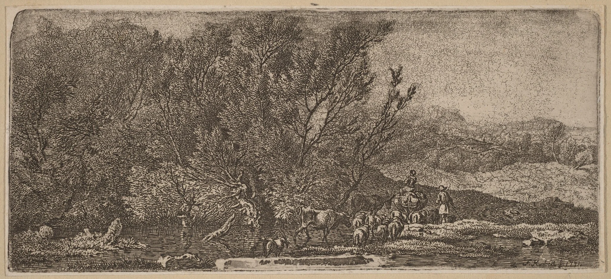 Shepherds with Their Herd Fording a Stream, by Ferdinand Kobell, ink, 1771