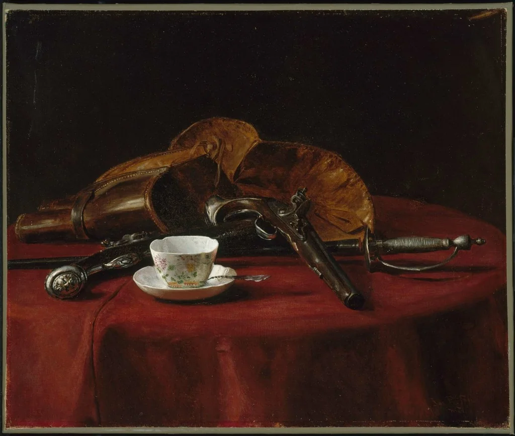 Sword, Pistols, and Teacup, by James Reeve Stuart, oil, 1884