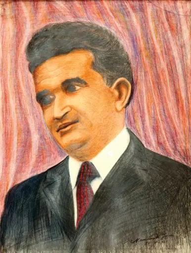 Tablou, desen pe carton, ”Nicolae Ceaușescu”, semnat cu tuș negru Jeana Macedonschi și datat 24.IX.1974, în partea dreaptă jos. Tablou oferit lui Nicolae Ceaușescu de către autor.