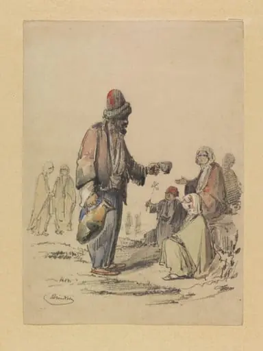 A Dervish offering water to resting women